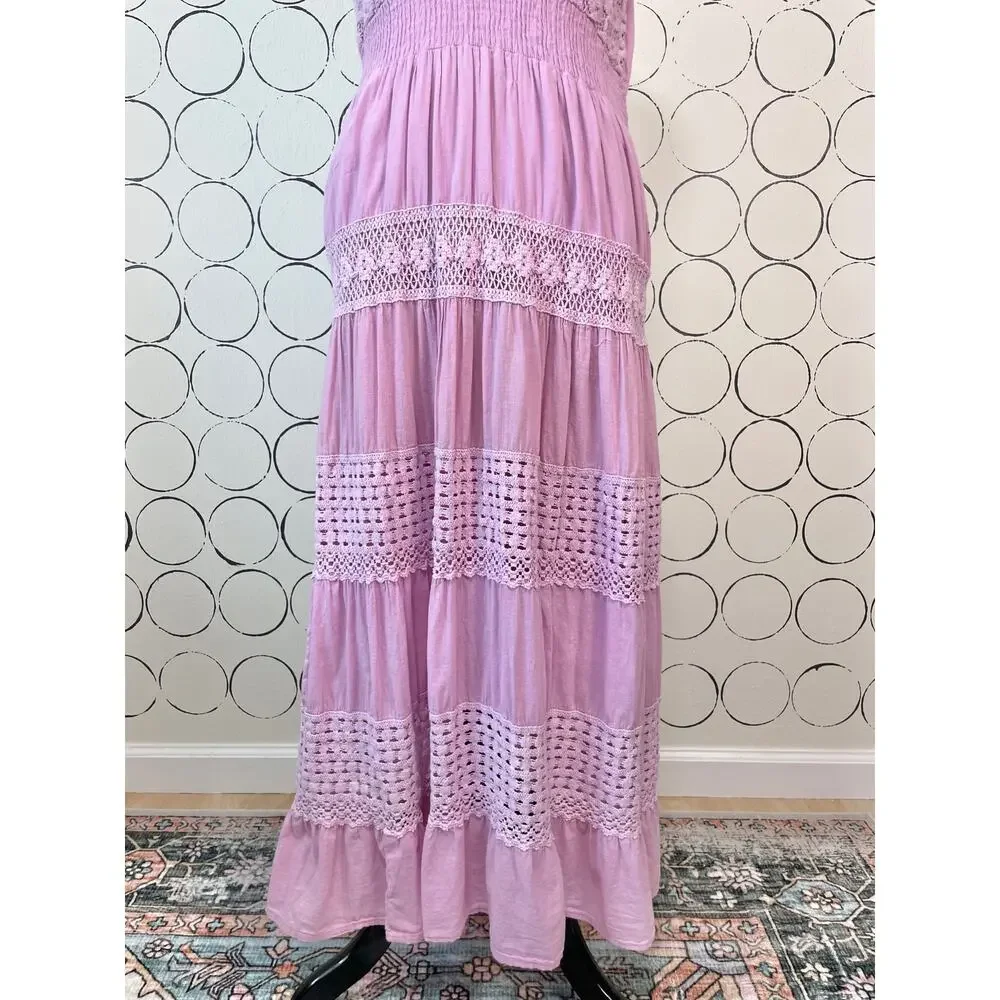Crochet Tiered Maxi Dress Womens L Pink Purple Cottage Boho Romantic Cotton - Picture 8 of 15